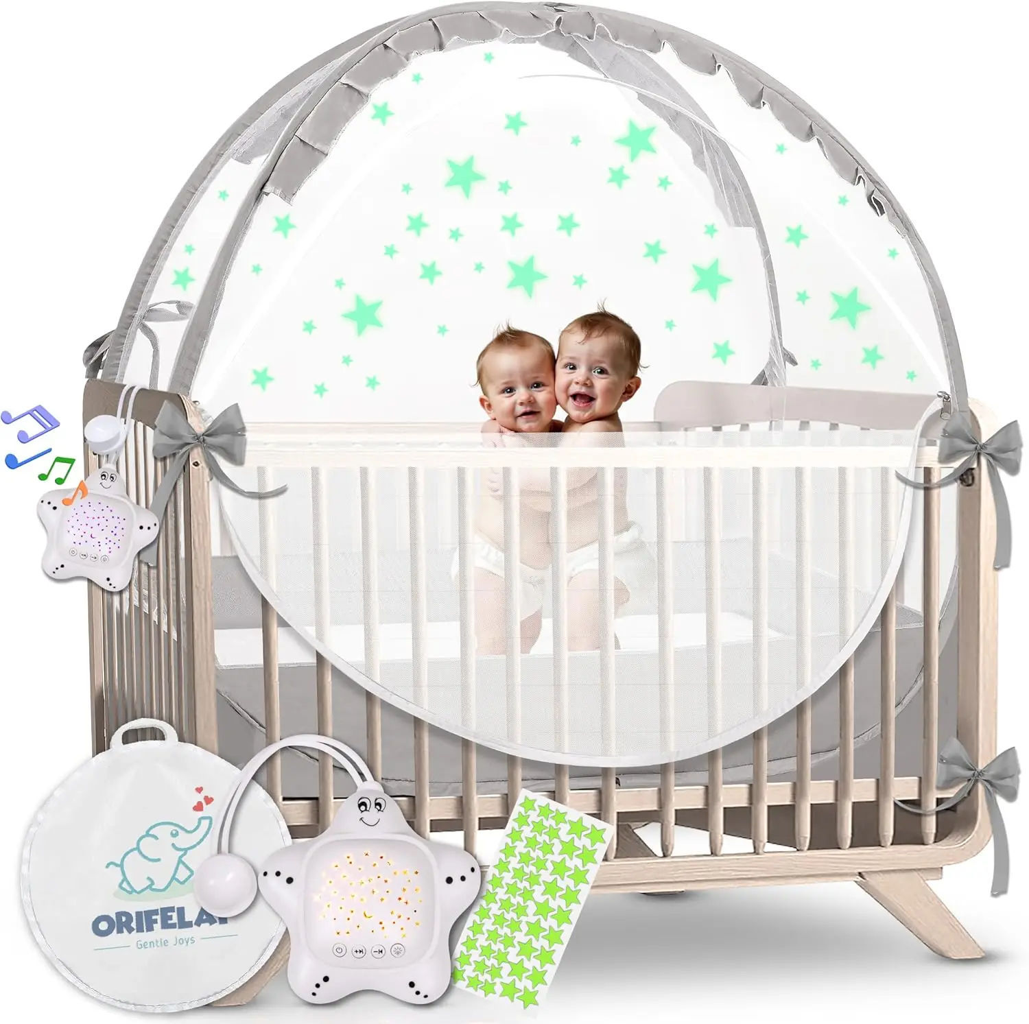 

Baby Crib Tent with White Noise Machine, Glow Stickers & Multi-Color Light - Easy Setup Gray Mesh Cover