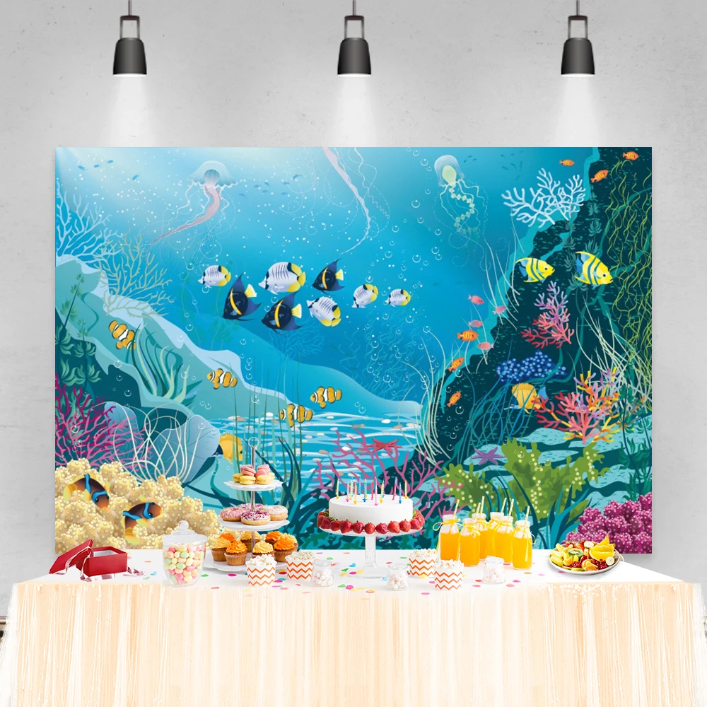 Laeacco Latar Belakang Dasar Laut Kartun Ikan Pesta Ulang Tahun Cangkang Karang Musim Panas Pola Bayi Anak Fotografi Latar Belakang Studio Foto