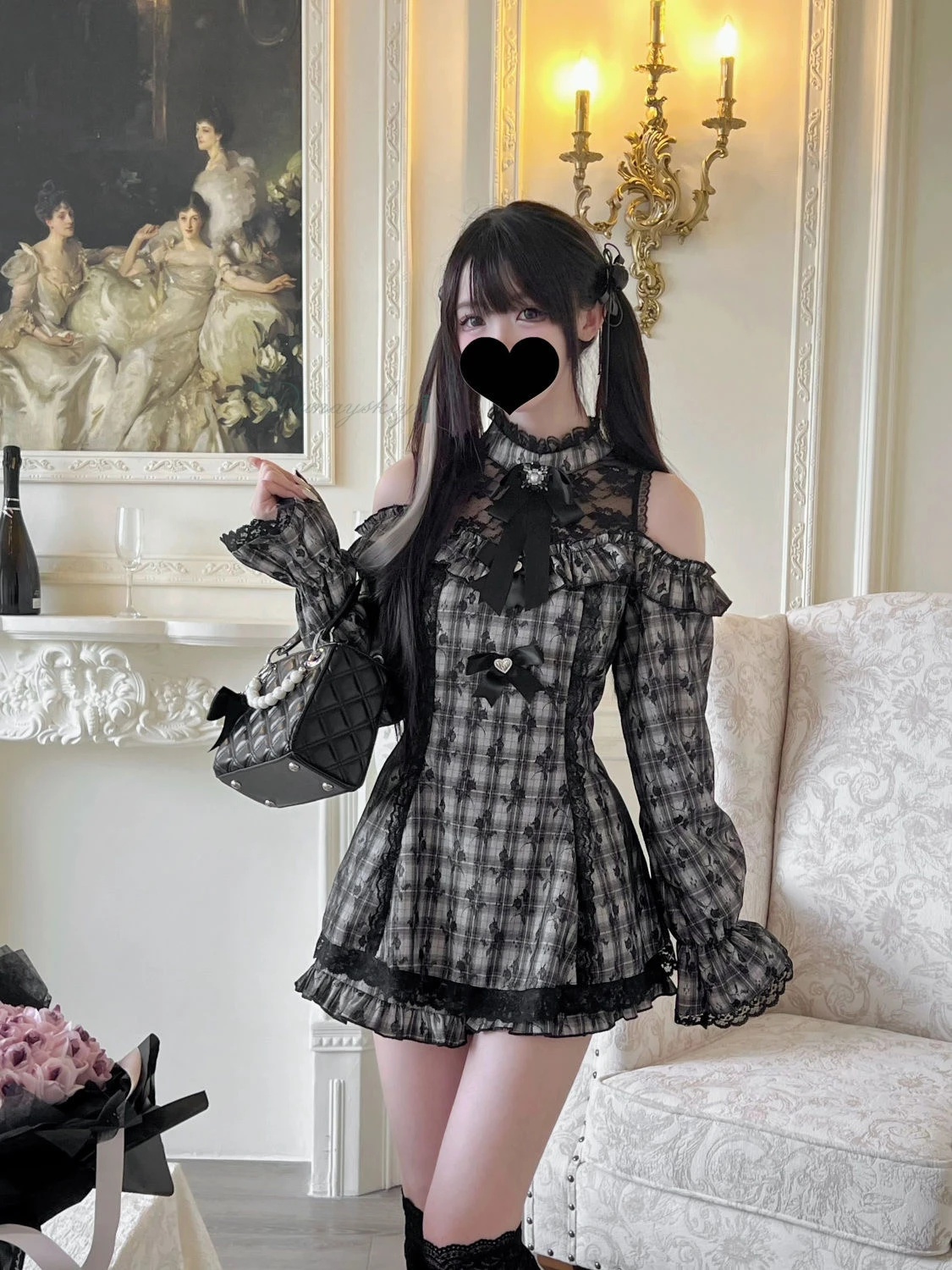 

Cute Style Lolita Dark Black Plaid Skirt Japanese Subculture Elegant Dress Cosplay Costumes Suit For Women Lolita For Halloween