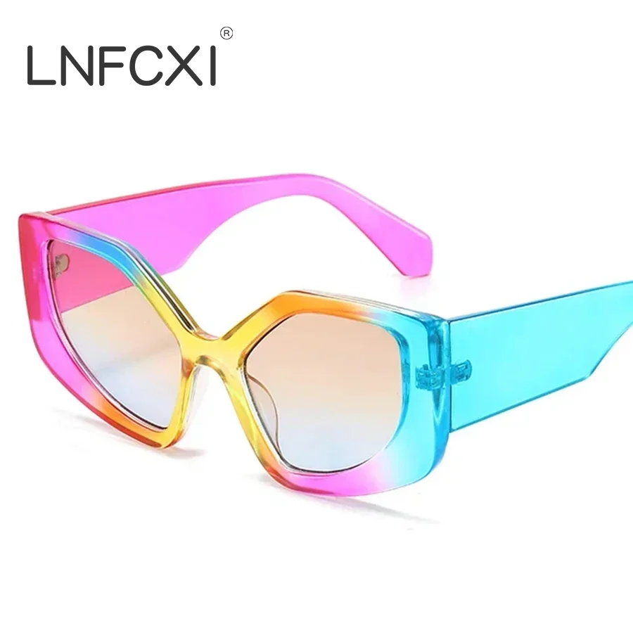 LNFCXI Fashion Rainbow Polygon Cat Eye Women Colorful Gradient Sunglasses Shades UV400 Retro Trending Men Sun Glasses