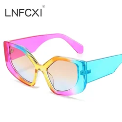 LNFCXI Fashion Rainbow Polygon Cat Eye Women Colorful Gradient Sunglasses Shades UV400 Retro Trending Men Sun Glasses