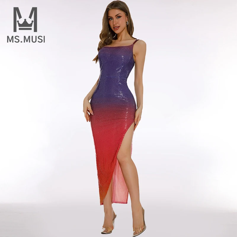 

MSMUSI 2024 New Fashion Women Sexy Gradient Strap One Shoulder Sequins Sleeveless Bodycon Party Club Event Slim Slit Midi Dress