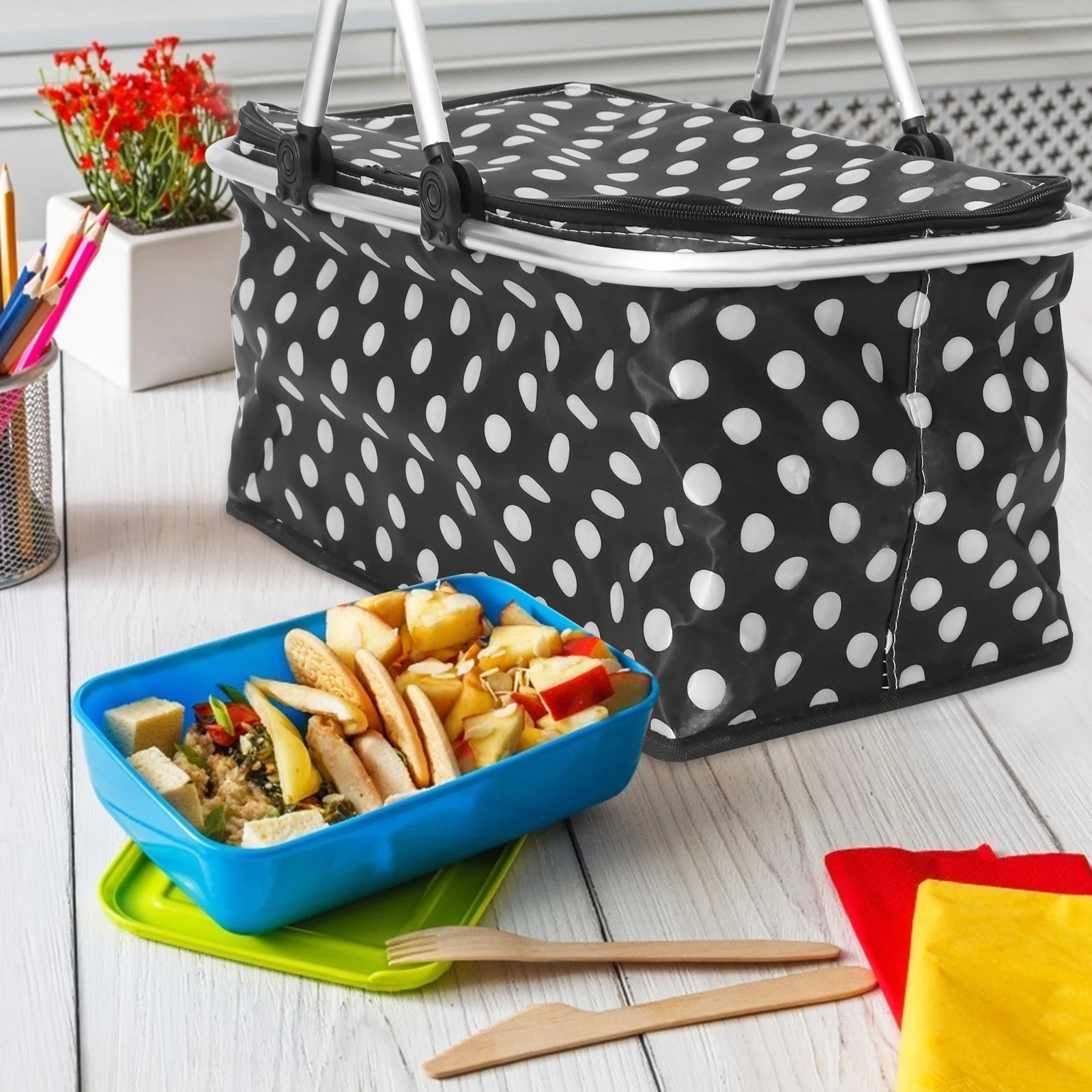 

Dot Insulated Picnic Basket 46X28X23Cm Foldable Large Capacity Lunch Cooler Bag For Outdoor Beach Camping Thermal Lunch