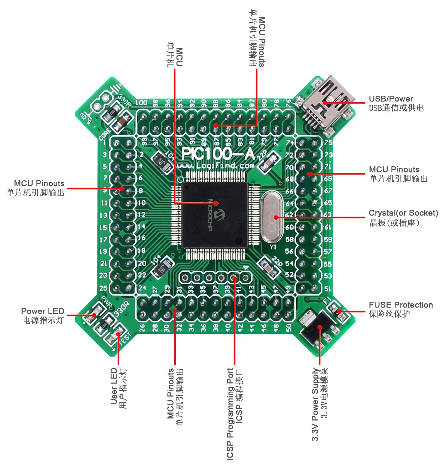 PIC32 Microcontroller Learning and Development Board Core Board PIC100-A with PIC32MX795F512L