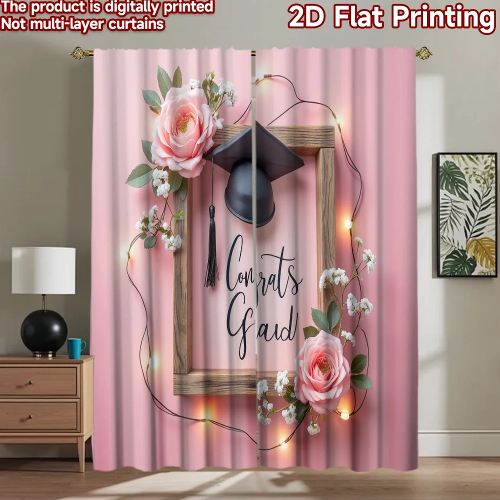 2D flat 2pcs Curtain Home Short Curtains Graduation Floral Congrats Digitally printed polyester Party Decorations Use for Indoor