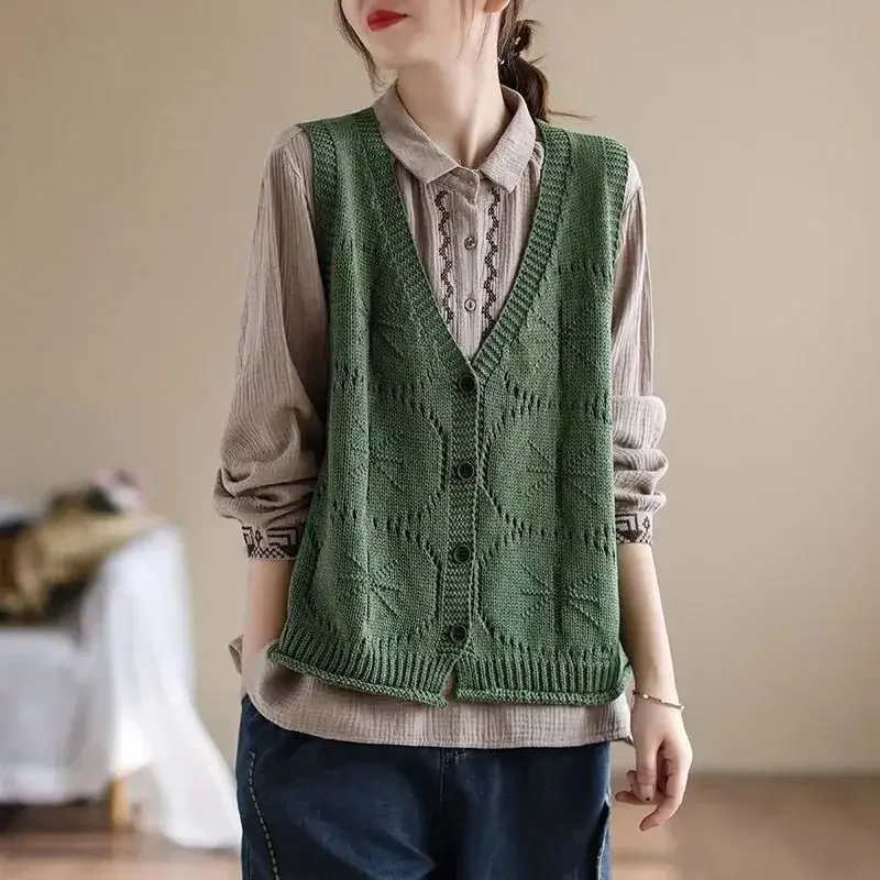 

Literary Retro Solid Color Cotton Thread Cardigan Vest Vest Knitted Versatile Outer Wear V-neck Hollow Sweater Horse Clip XT1043