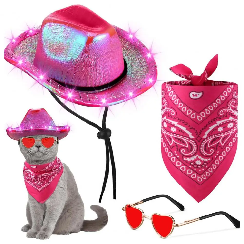 Cute Pet Photo Props Dog Western Cowboy Outfit Pet Cowboy Costume Set with Led Light Hat Heart Lens Glasses Lace-up Neck for Cat