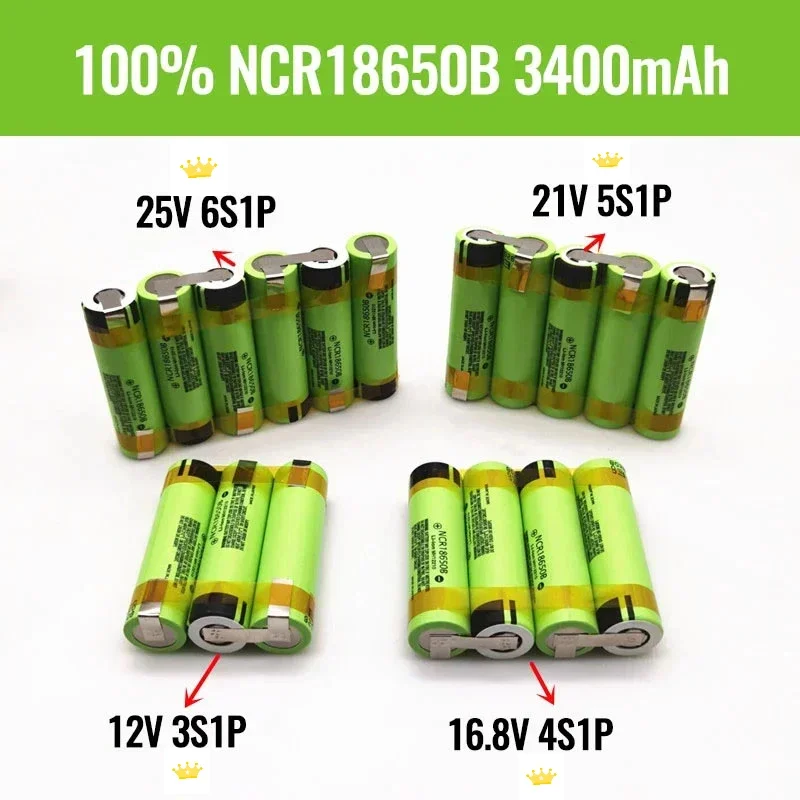 100% NEW NCR18650B 3400mAh Battery for 12V 16.8V 21V Screwdriver Battery with Weld Soldering Strip Customize Battery Pack