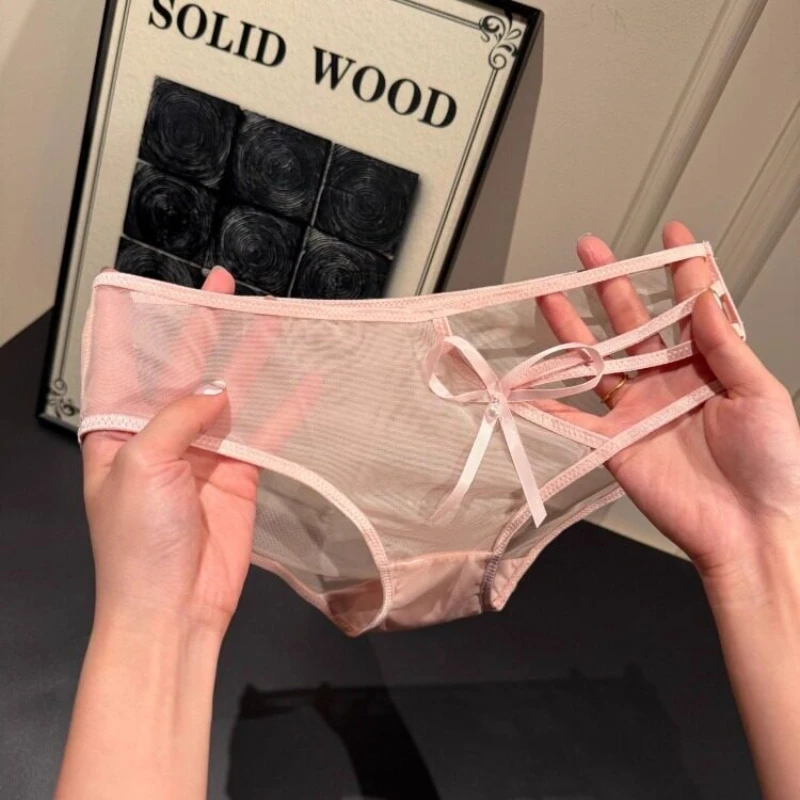 Elegant French Girls Luxury Lace Underwear Sexy Mesh Breathable Mid Waist Ladies Briefs Soft Sheer Transparent Intimates Panties