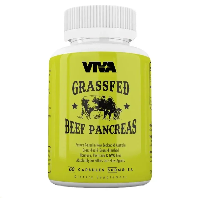 60 cápsulas vegetarianas, suplemento pancreático de ternera alimentado por hierba, 500 mg digestivo, contiene pancreatina sin OGM