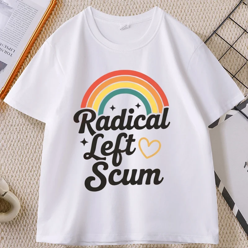 Retro Radical Left Scum T Shirt Rainbow Graphic Tees Cotton Short-sleeve Round Neck Tshirt Casual Y2k Clothes Man Woman T-shirt