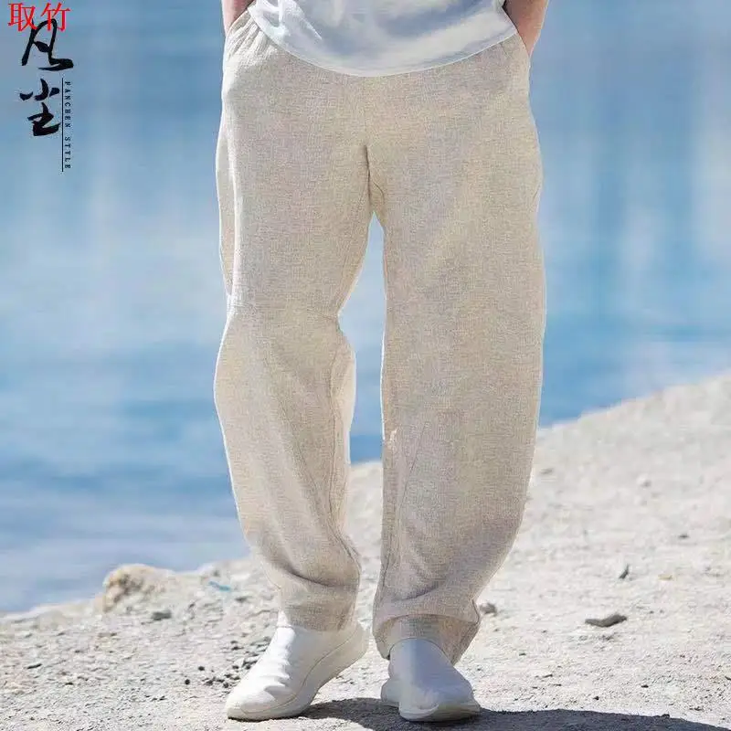 

Свободные хлопковые льняные мужские летние повседневные брюки Harlan Sle, винтажный вид, большие размеры, прямые длинные брюки для мужчин