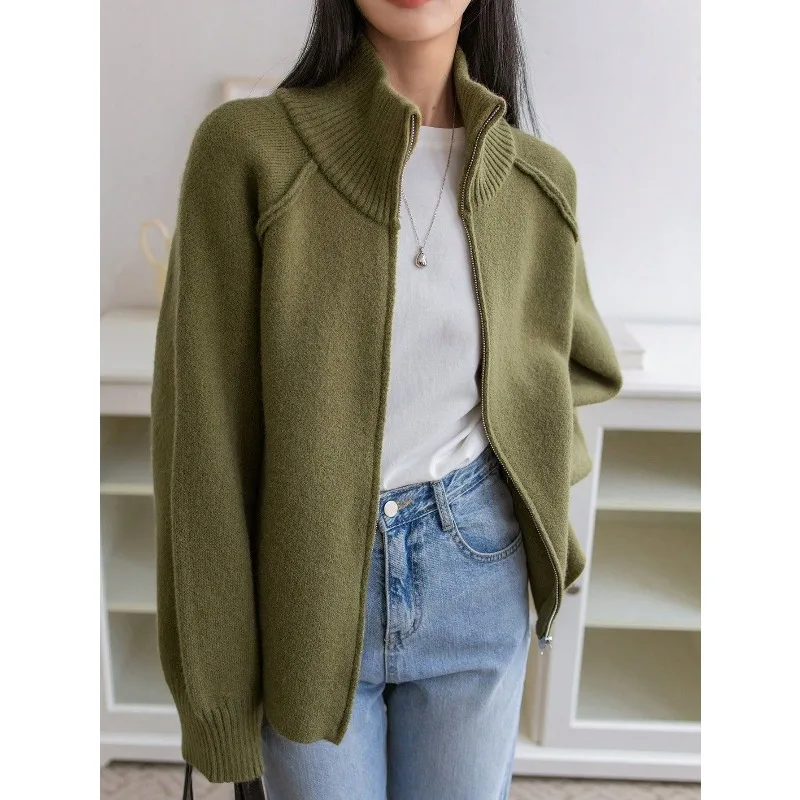 

Korean Chic Lazy Wind Sweater Jacket Women's 2025 Autumn and Winter New Solid Color Stand-up Neck Zipper Knitted Cardigan Top