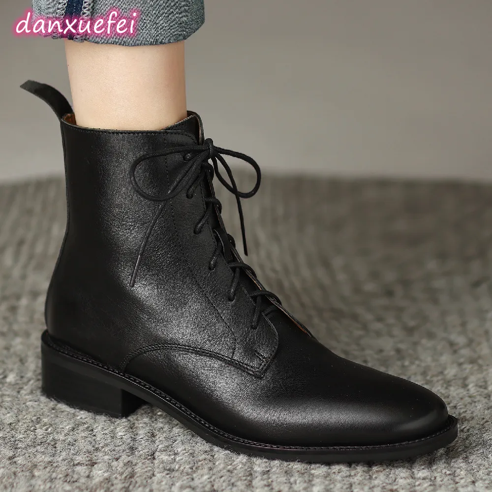 danxuefei women\'s genuine leather lace-up autumn ankle boots gradient color casual female flats short booties shoes for women