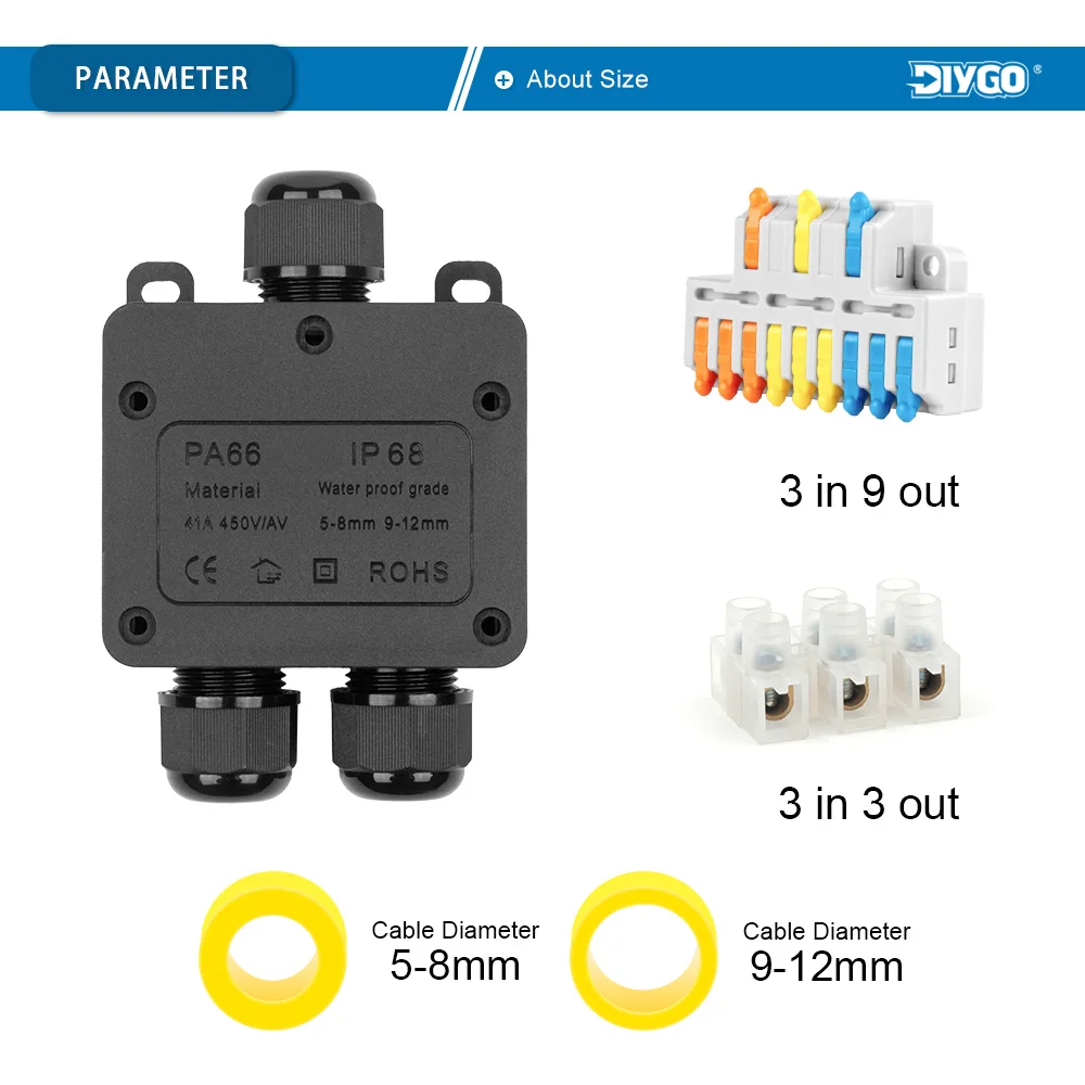 DIY GO IP68 Outdoor Waterproof Junction Box – Black, 3 Way Mini Electrical Connector Box with Terminals Rain Proof Junction Box