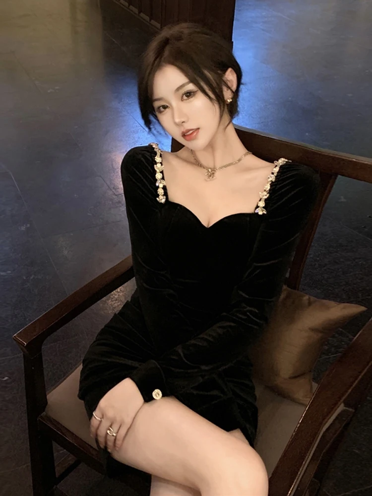 

Birthday Bla Velvet Dr Women's Mid-length Skirt High-waist A-line Korean Sle Long Sve Par Dr Luxury Sensation