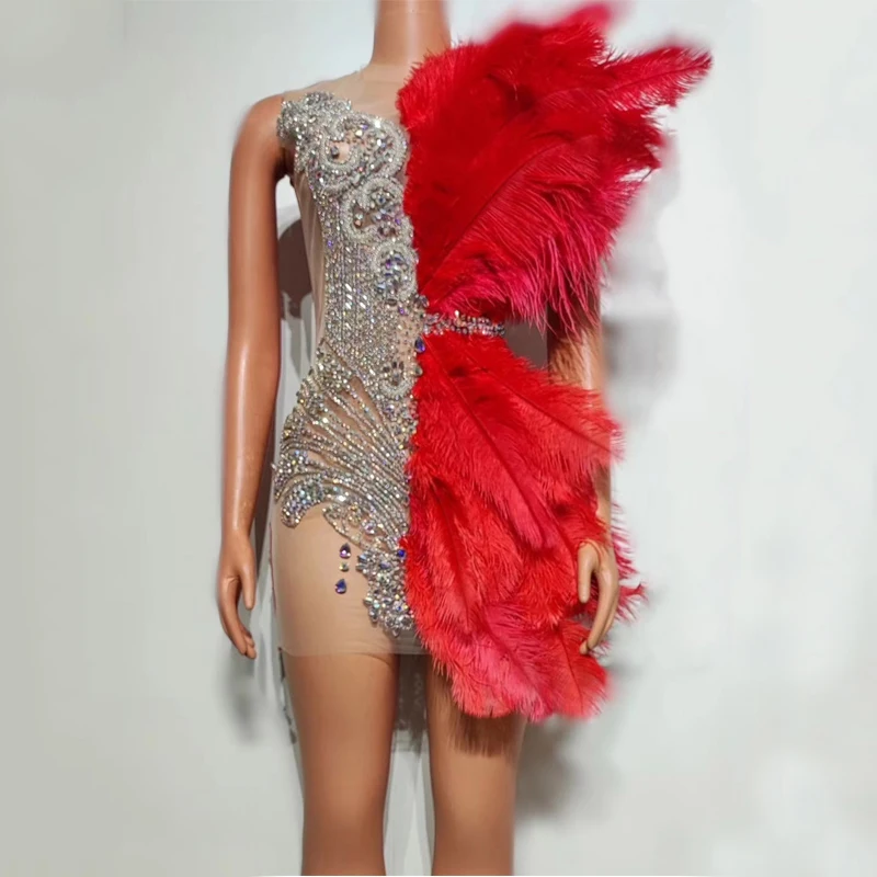 Novo completo strass vestido de penas sexy jazz dança outfit gogo roupas femininas festa noite vestidos de baile palco passarela wear ﻿