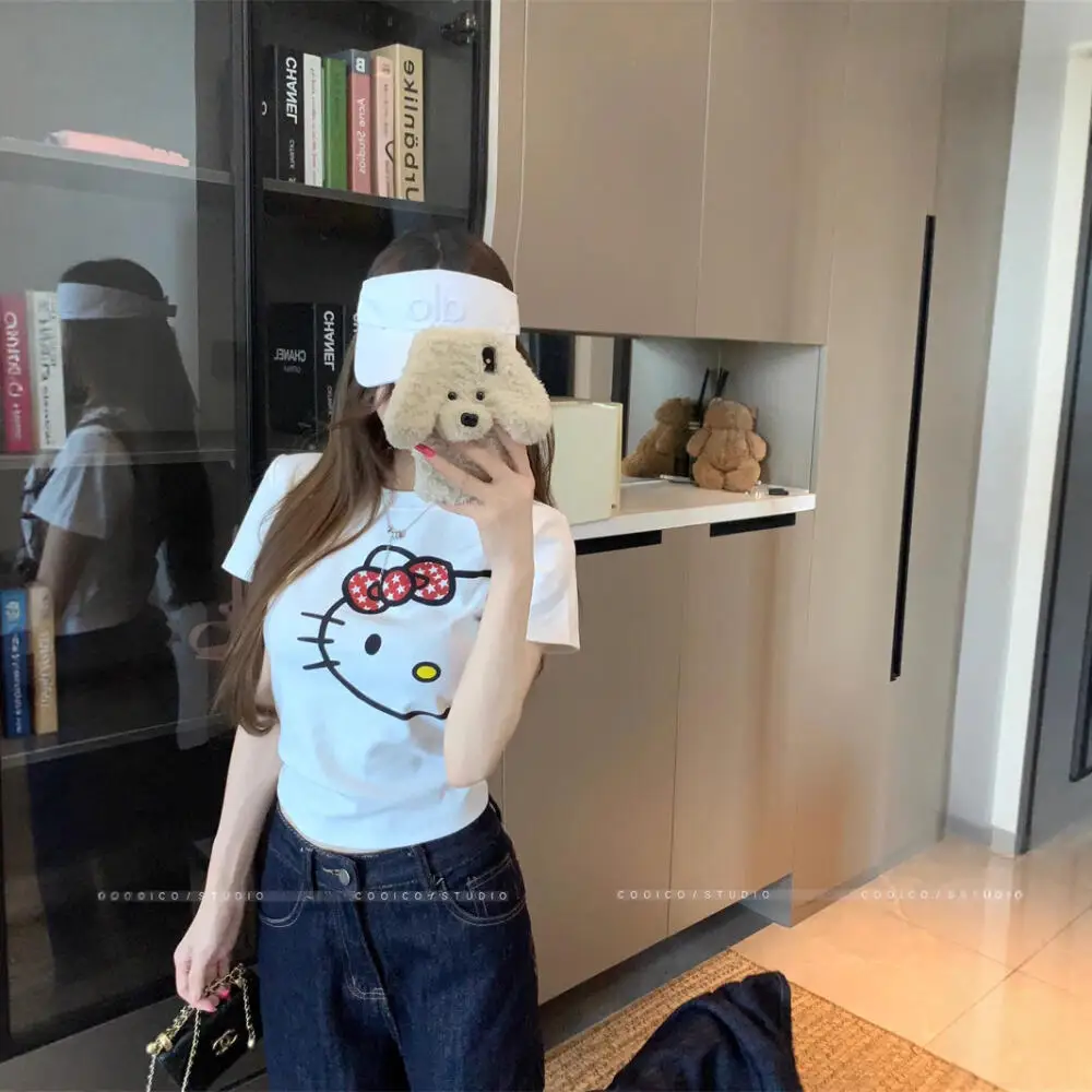 

Cartoon Hello Kitty Cotton Short Sleeve Sanrios Summer Loose Casual Soft T-Shirt Anime Printing Cute Student Girls Couple Tops