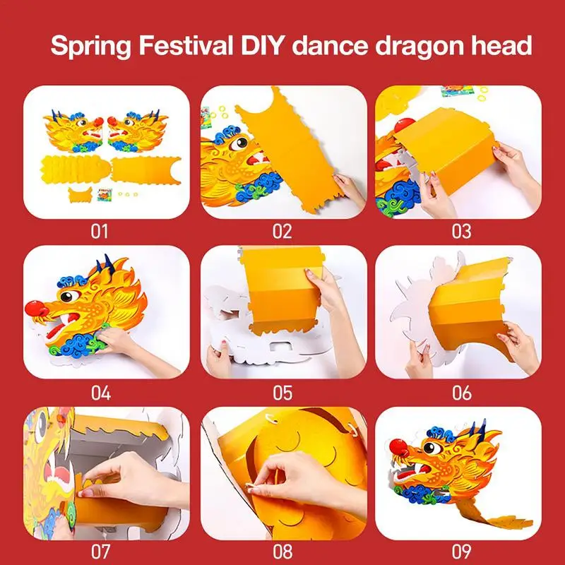 2024 DIY Chinese Dragon Head Kids Making Material Handmade Building Zodiac Mascot Dragon 3D Game Role Playing Party Toys Gifts