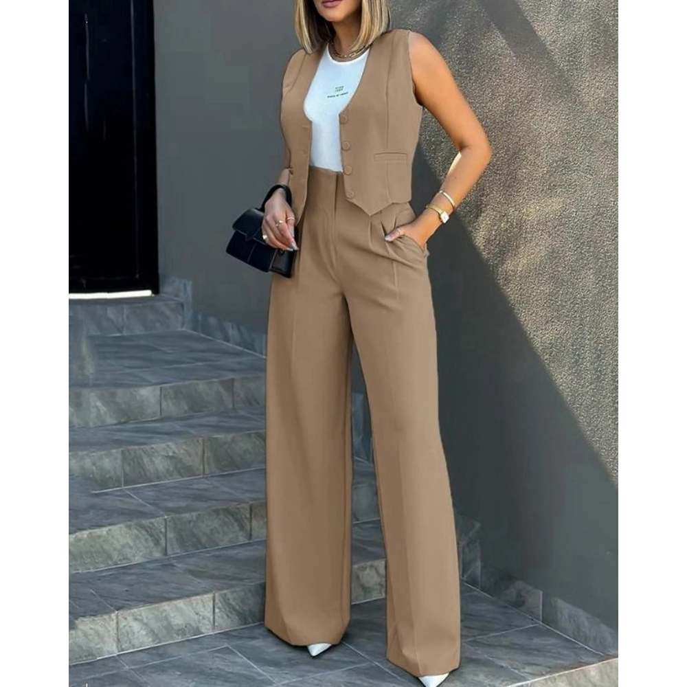 

Ensembles Femme Buttoned V-Neck Waistcoat Top & Wide Leg Pants Sets Business Attire for Women Summer 2 Pieces Pants Set Workwear