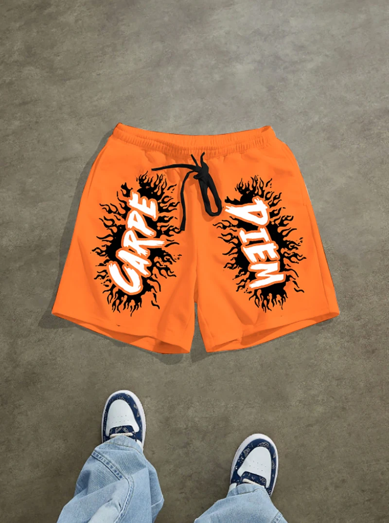 

Мужские летние оранжевые уличные модные шорты с принтом граффити CARPE DIEM, модные персонализированные тематические брюки Seize The Day