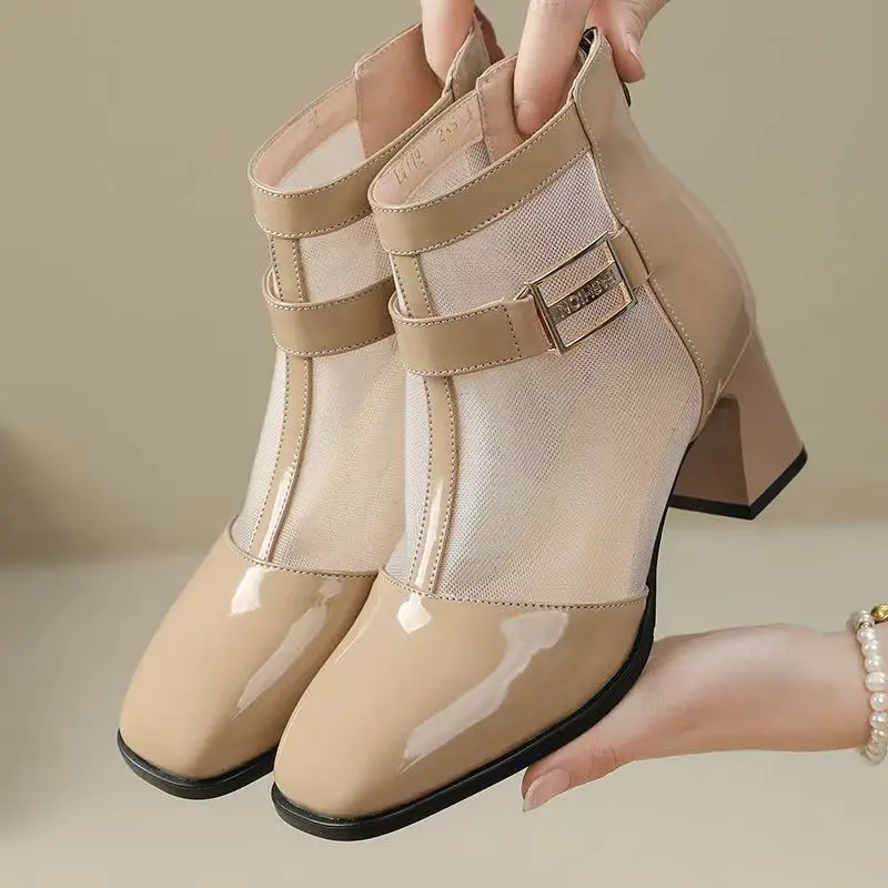 Women 2026 New Block Heel Big Size Cool Boots Spring summer New High Quality Square Toe Genuine Leather Mesh High Heel Boots
