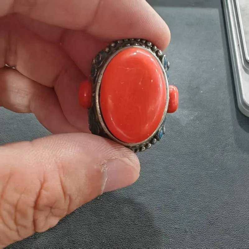 Retro-Orientalischer Cloisonné-Emaille-Ring Unisex mit mehrfarbiger roter Steinintarsie, antikes Tribal-Dekor, Fingerschmuck für Männer und Frauen – Detail 3