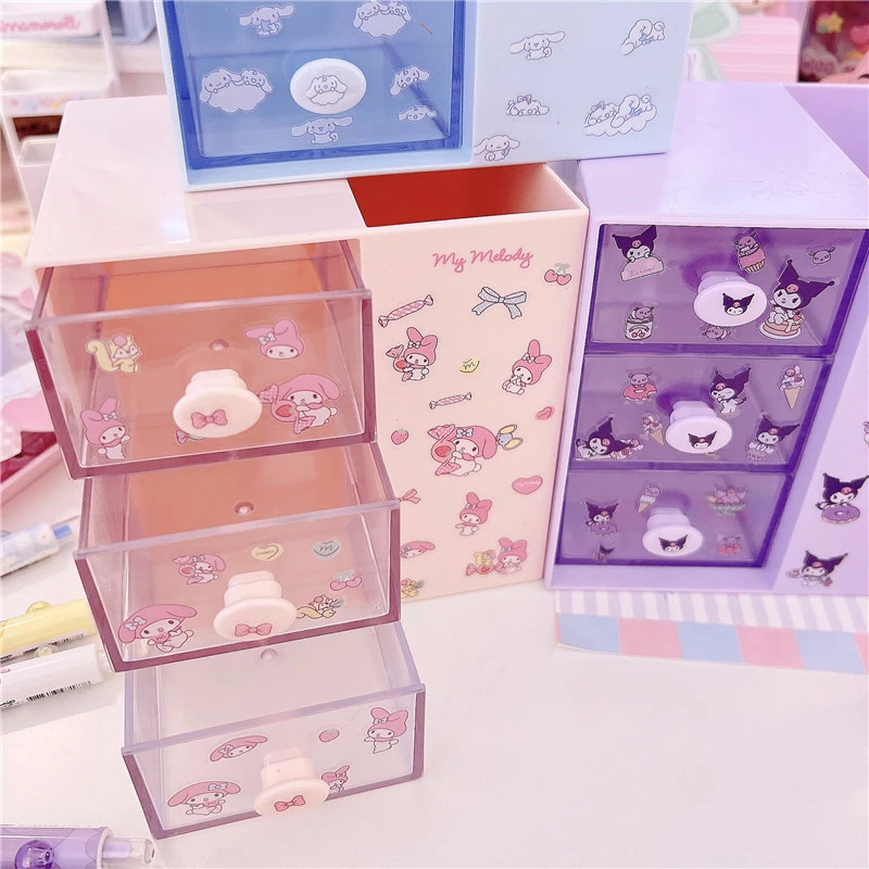 Sanrio Kawaii Cinnamoroll Organizer Box Anime My Melody DIY Sticker Translucent Drawer Stationery Cosmetic Desktop Storage Box