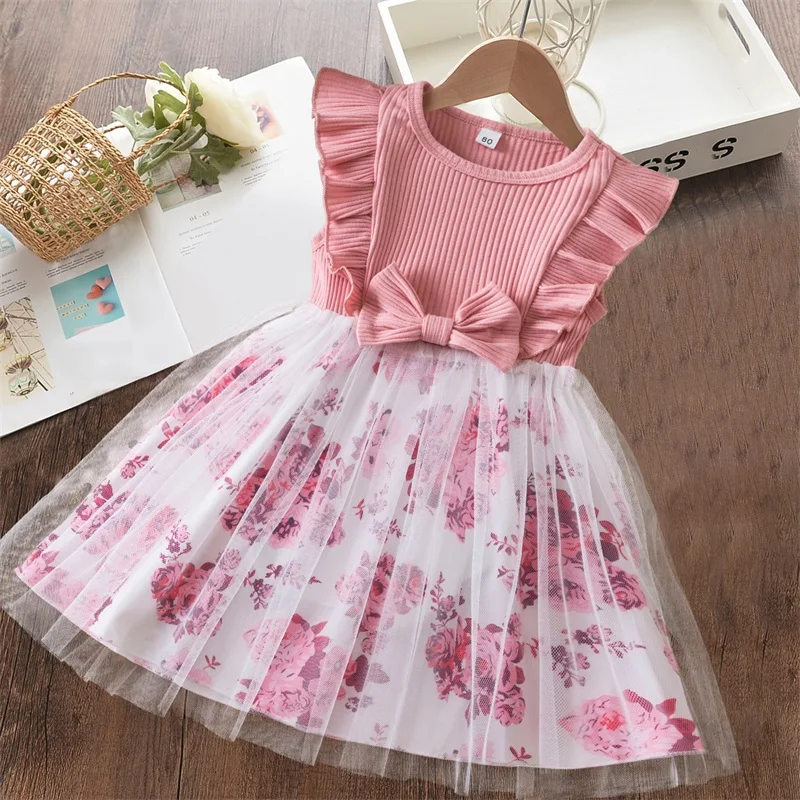 

Summer Baby Girl Dresses Floral Print Ruffle Sleeves Bow Dress Casual Vacation Style Outfits Toddler Kids Birthday Party Clothes