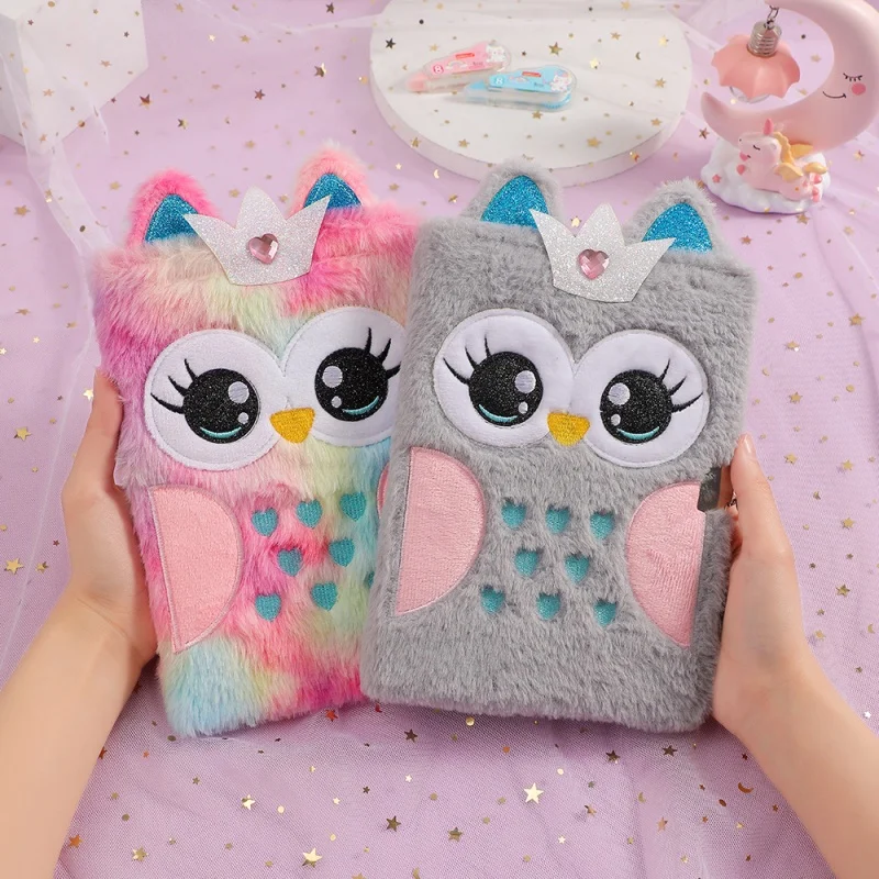 A5 Cartoon Plush Owl Notebook with Lock Children\'s Shcool Writting Notebook Journal Gift Girl Cute Lockable Diary Notepad