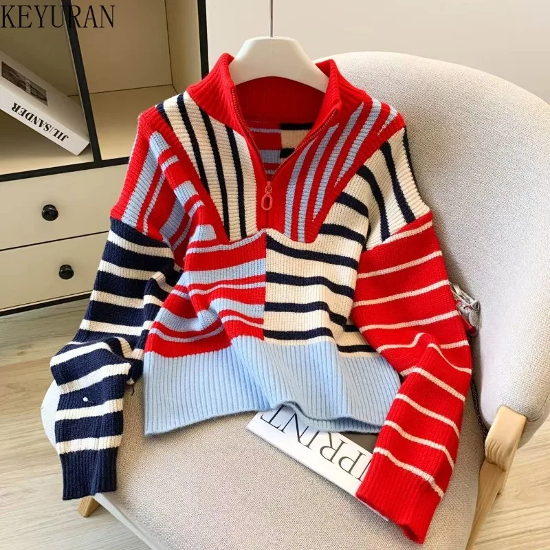 

Striped Half Zipper Knitted Sweater Women Autumn Winter Korean Chic Long Sleeve Casual Loose Pullovers Sweaters Ladies Jumpers