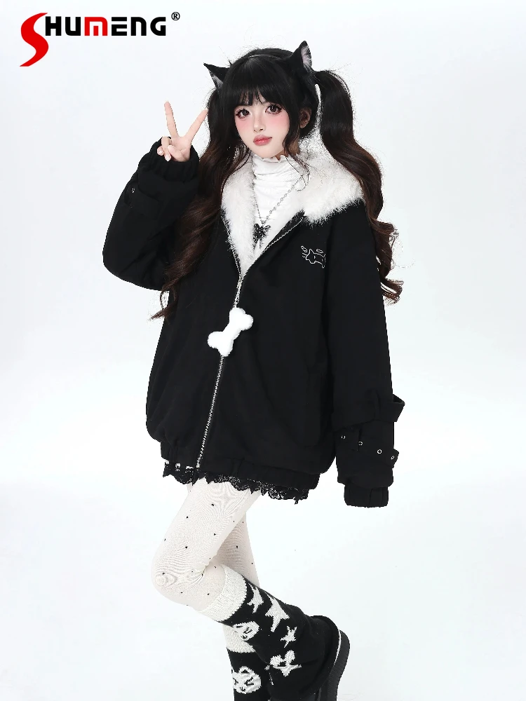 

Original Japanese Sweet Cool Y2K Girl Hooded Coats Cat Ear Hooded Cartoon Embroidery Loose Versatile Plush Warm Jacket for Women