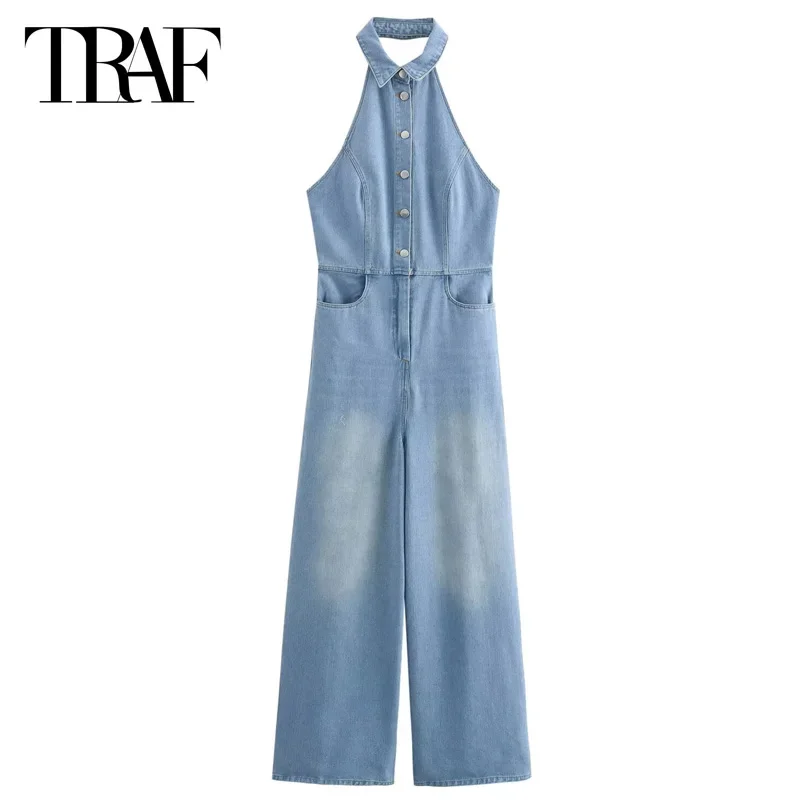 

TRAF Female Jumpsuit Long Jumpsuits Denim Sleeveless Backless Halter Overalls For Women Summer Solid Casual Vacation Jumpsuits