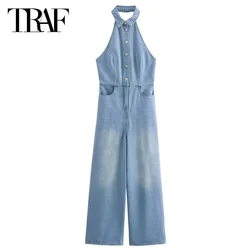 TRAF Female Jumpsuit  Long Jumpsuits Denim Sleeveless Backless Halter Overalls For Women Summer Solid Casual Vacation Jumpsuits