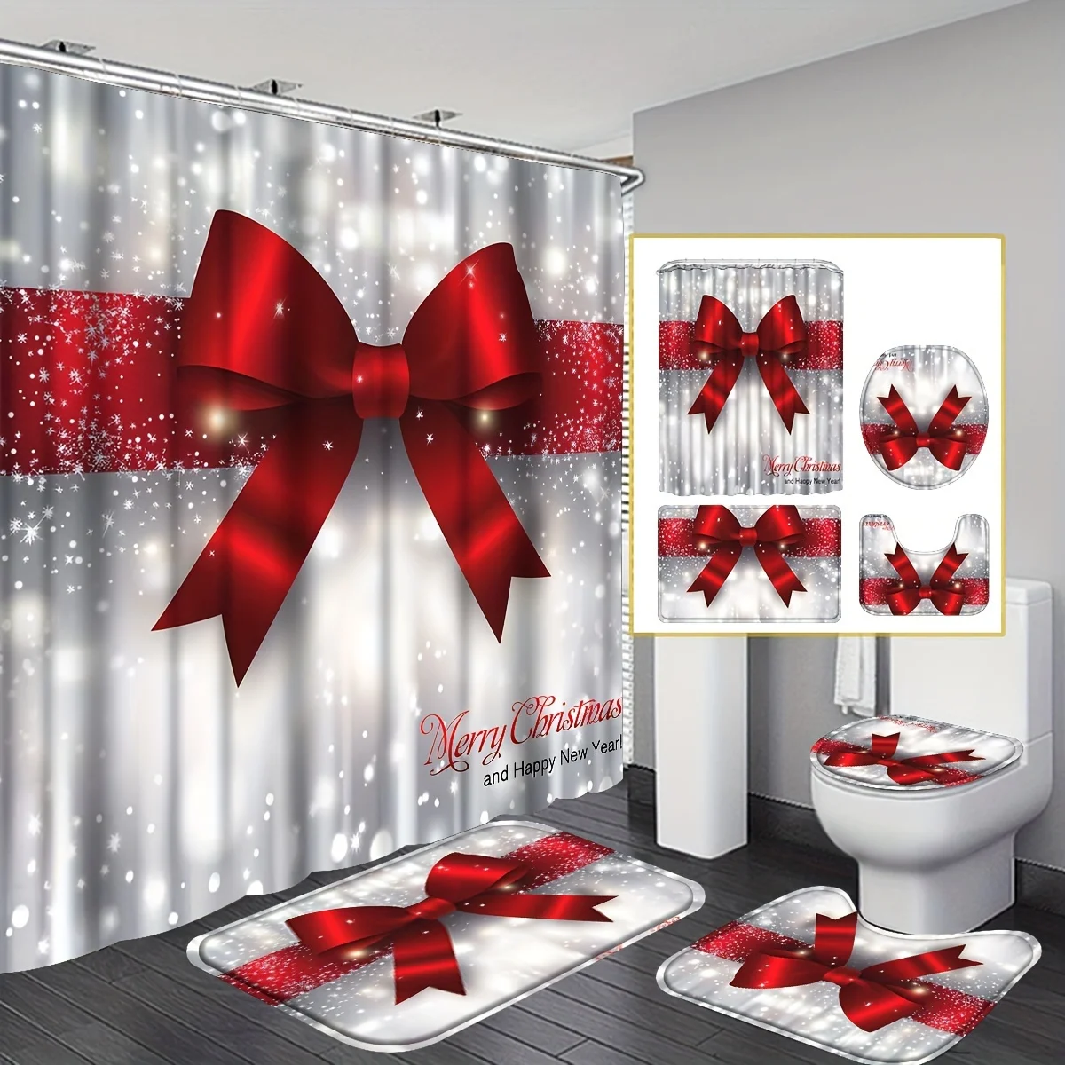 

Merry Christmas shower set: curtain (12 hooks), non-slip rug, U-mat, lid cover. Machine-washable, festive.
