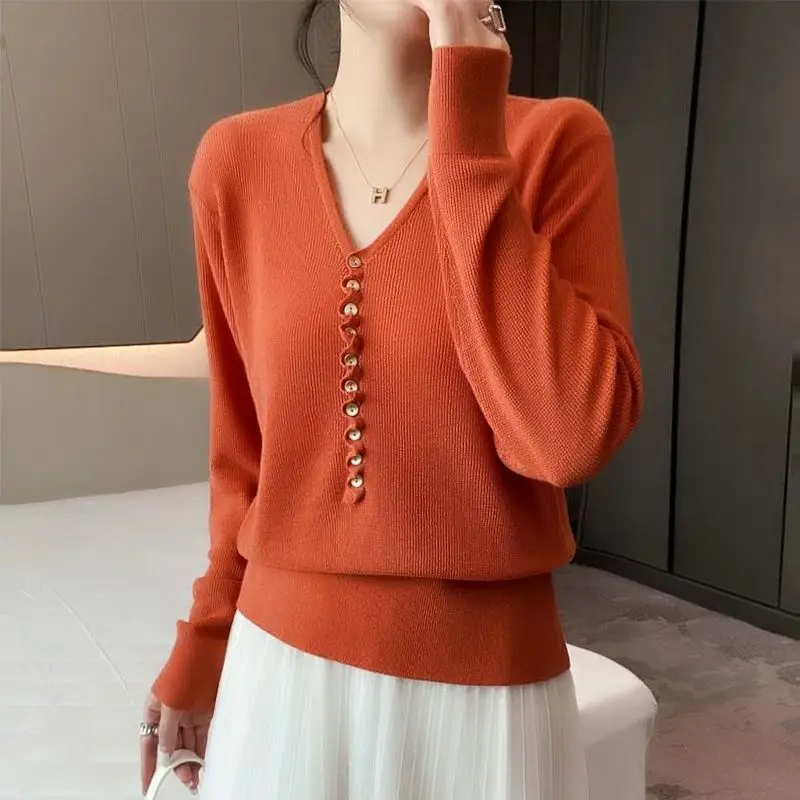 Women Ruffled Buttons Elegant Chic Knitwears Summer Fashion V Neck Half Sleeve Solid Slim Pullovers Office Lady Basic Knit Tops