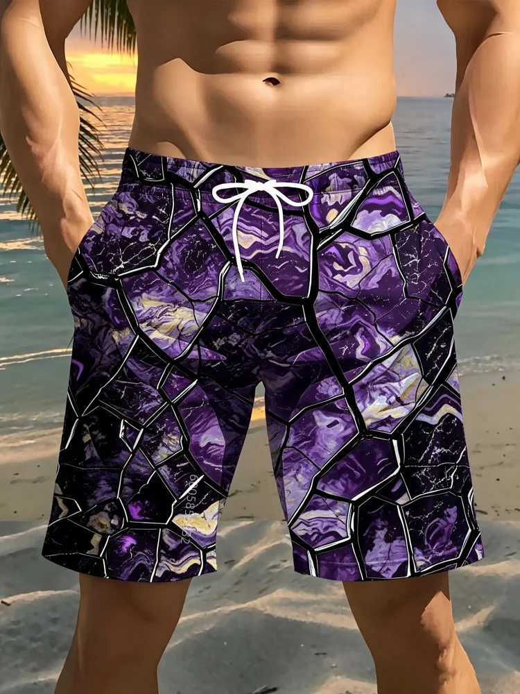 Men's marble geometric crack 3D printed beach shorts with elastic drawstring and pocket, summer casual sports shorts