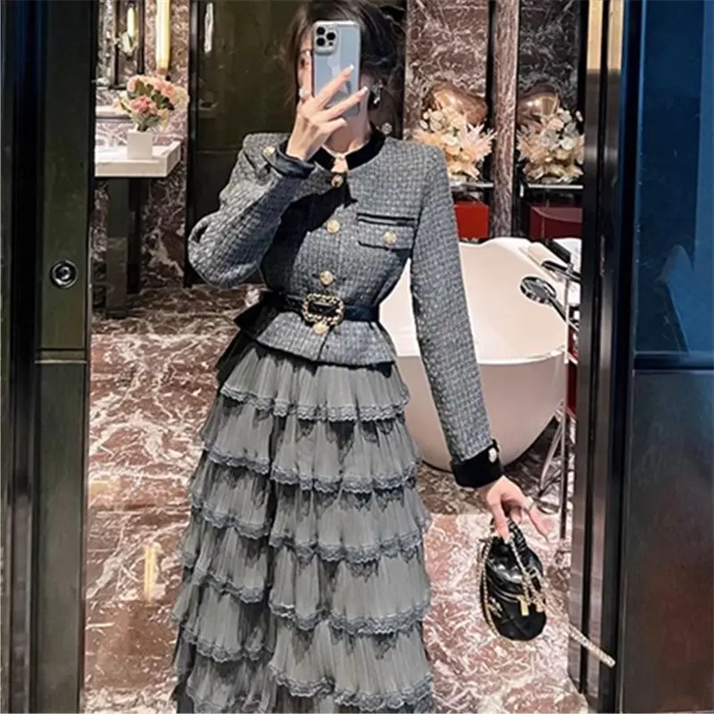 2024 Autumn Fashion Women\'s Two Piece Set Thousand Bird Grid Small Fragrance Style Slim Fit Comfortable and Versatile Dress