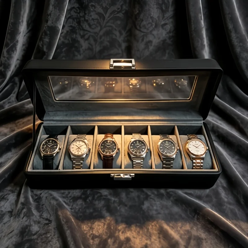 Premium Travel Watch Organizer 6 Slot, Lockable Leather Watch Box + 2 Spring Self-Closing Bags for Frequent Travelers