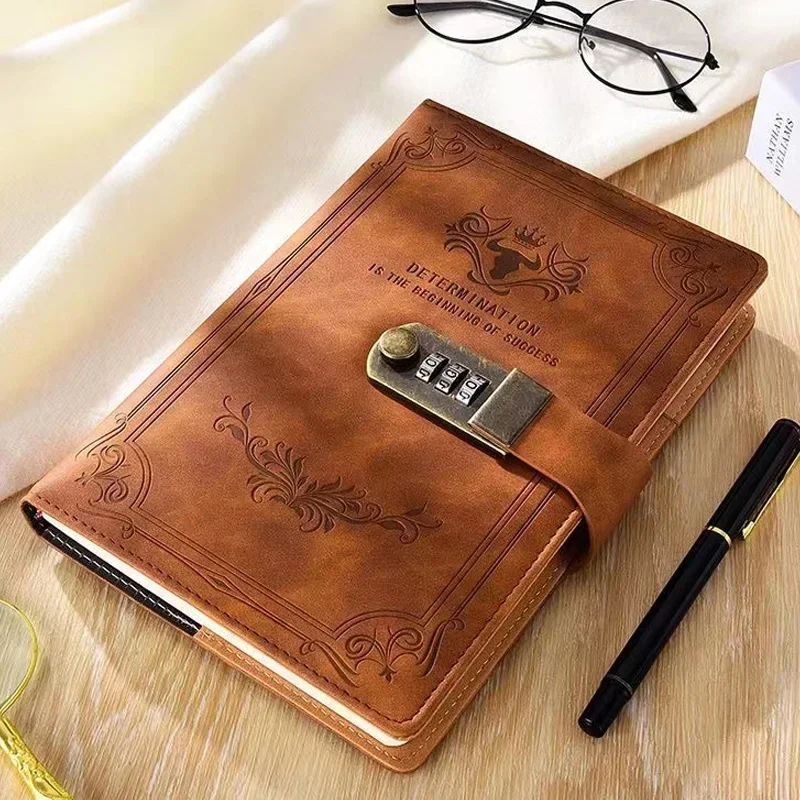 senha notebook com bloqueio a5 livro retro diario espessado creative hand ledger student notepad papelaria binder 200 paginas 01