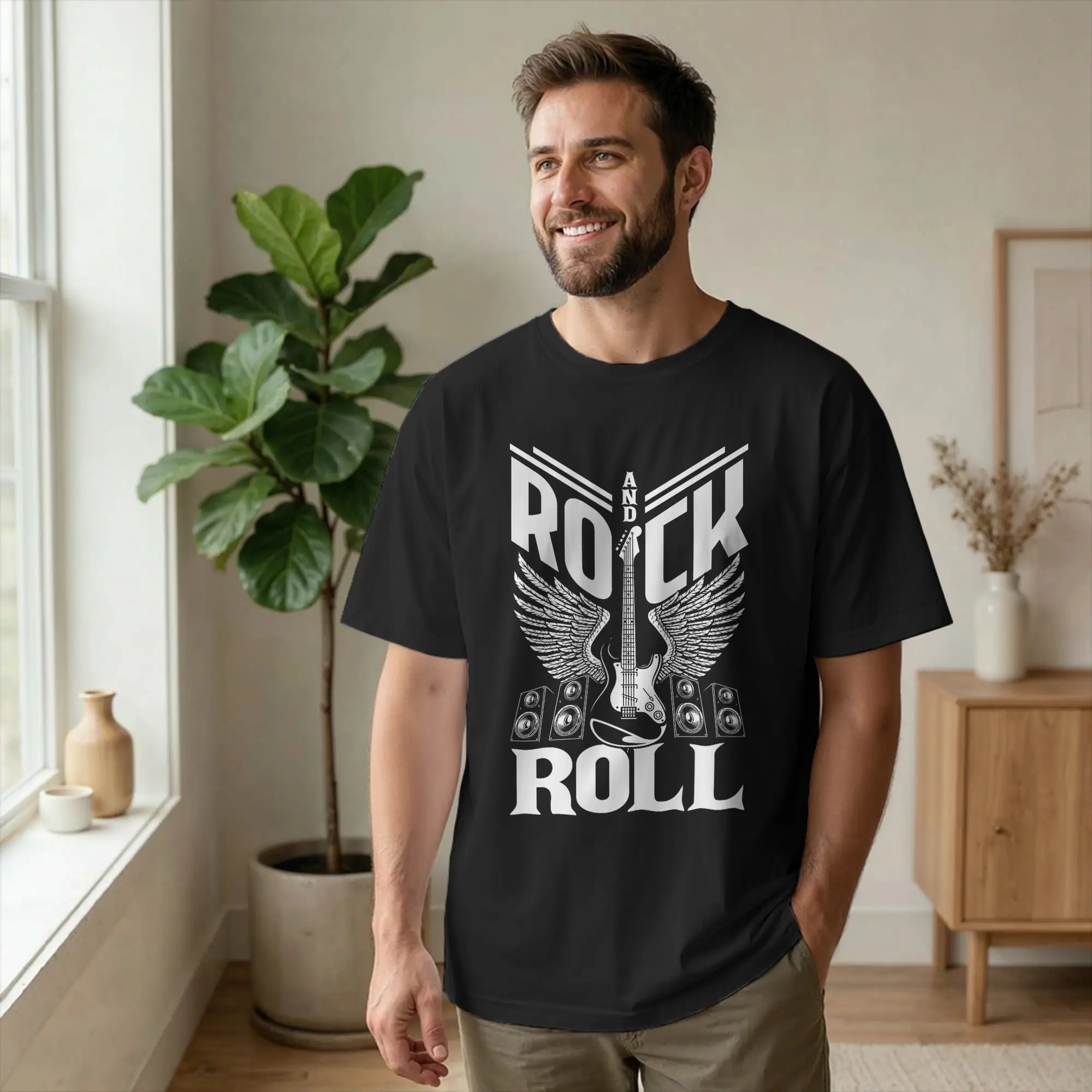 Guitar-Bass Rock and Roll Musician T Shirts Men 100% Cotton Humorous T-Shirt O Neck Wings Tee Short Sleeve merchandise Summer