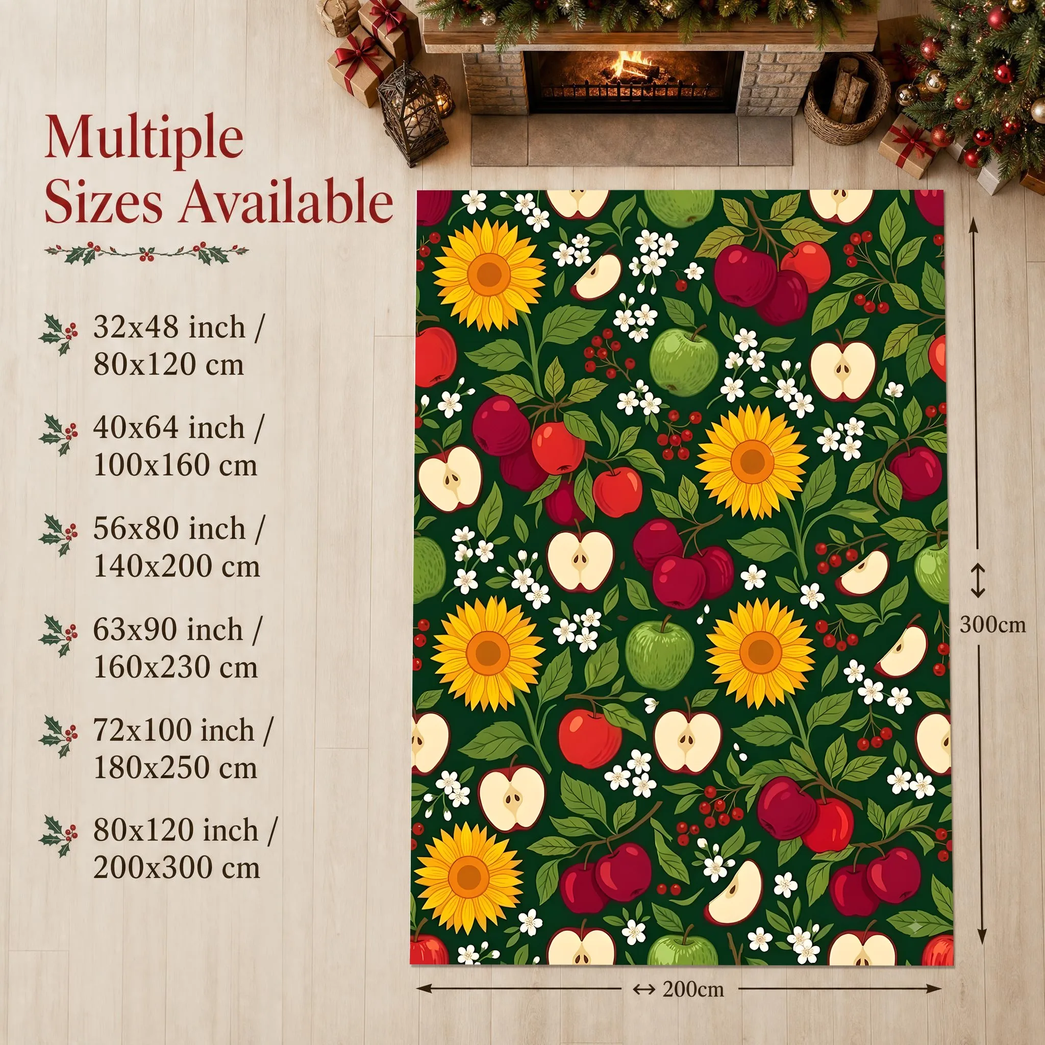Sunflower and Apple Floral All-Over Retro Pastoral Christmas New Year Velvet Rug for Living Room, Bedroom, Entryway, and Bedside