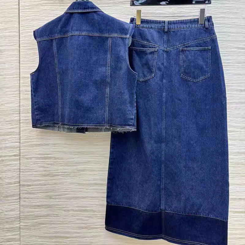 Women Luxury Denim Skirt Coats Sets Cropped Vest Girlish Style Exposed Stitch Lapel Raw Edge Short Jackets A-line Two-piece Suit