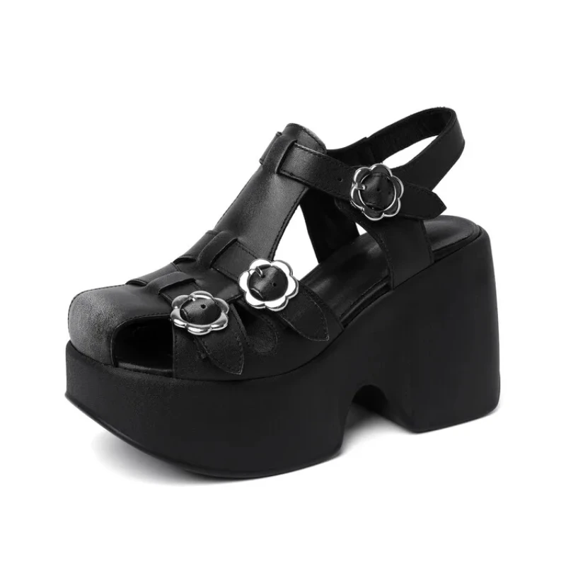 

2025 Summer New Women's High Heels Platform Sandals Fashion Belt Buckle Women's Wedges Genuine Leather Women's Gladiator Sandal