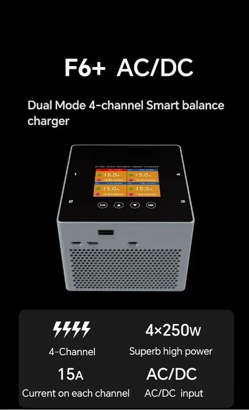 2026 New F6+ 4 Channel 250Wx4 15A Quad-Channel Smart Charger  Lipo  Balance Charger USB-A Type-C for RC FPV Dron