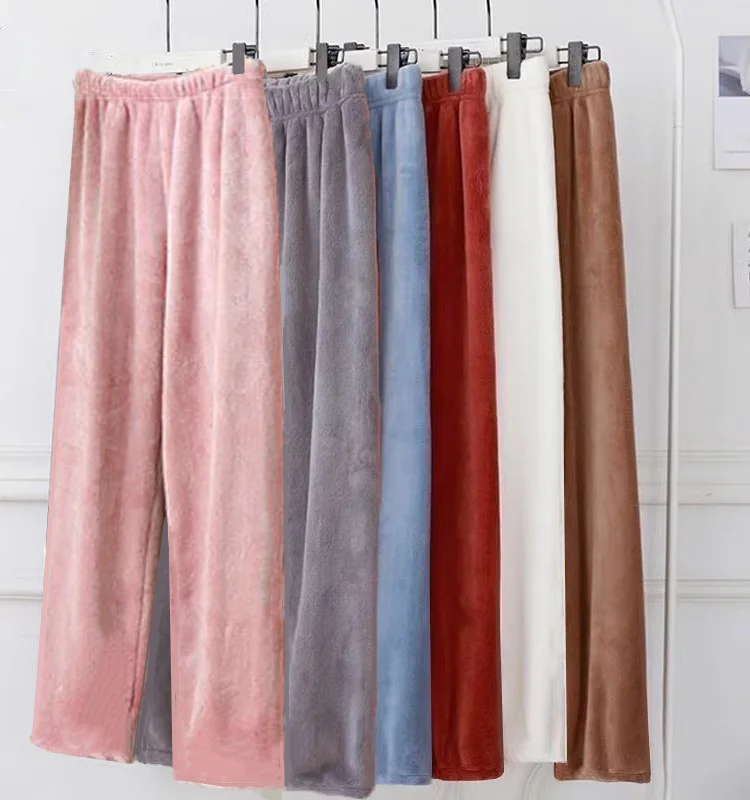 

Женские прямые брюки кораллового цвета, теплые брюки для дома, брюки для отдыха, осень-зима, модный базовый слой с манжетами