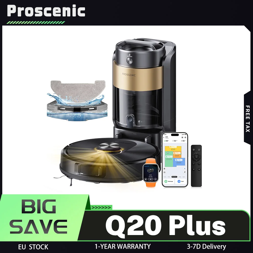 Proscenic Q20 Plus Robot Vacuum and Mop, 10000Pa Powerful Suction, Self-Emptying Base, LiDAR Navigation, 200-Min Runtime, Smart