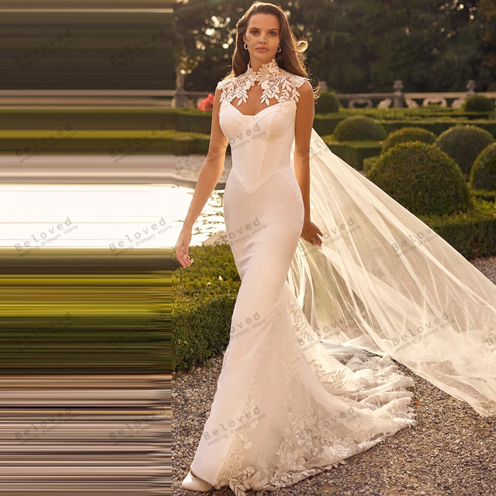Glamorous Wedding Dresses Satin Bridal Gown Lace Appliques Luxury Robes Sleeveless Vestidos De Novia Customized свадебное платье