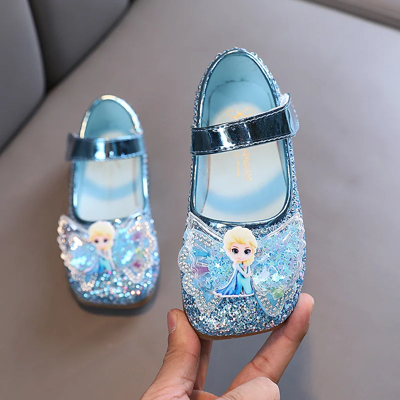 Disney Frozen Elsa Princess Designer Crystal Casual Flat Shoes for Kids Girls Bling Square Toe Baby Shoes Child Flats Sneakers