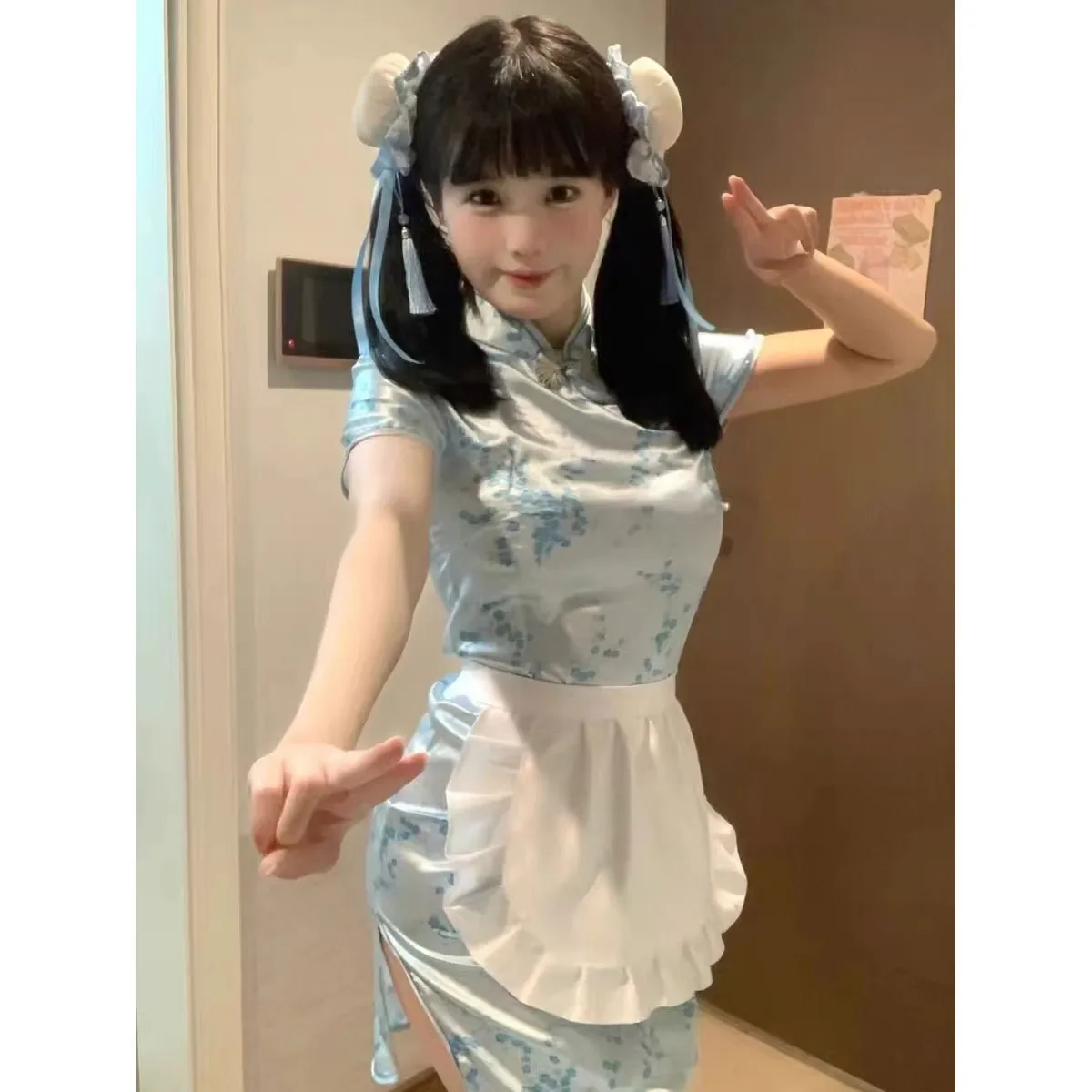 3pcs Sexy Cheongsam Maid Chinese Cosplay Costume Lolita Maid Outfit Apron Dress Uniform Women Chinese Doll Role Play Girl